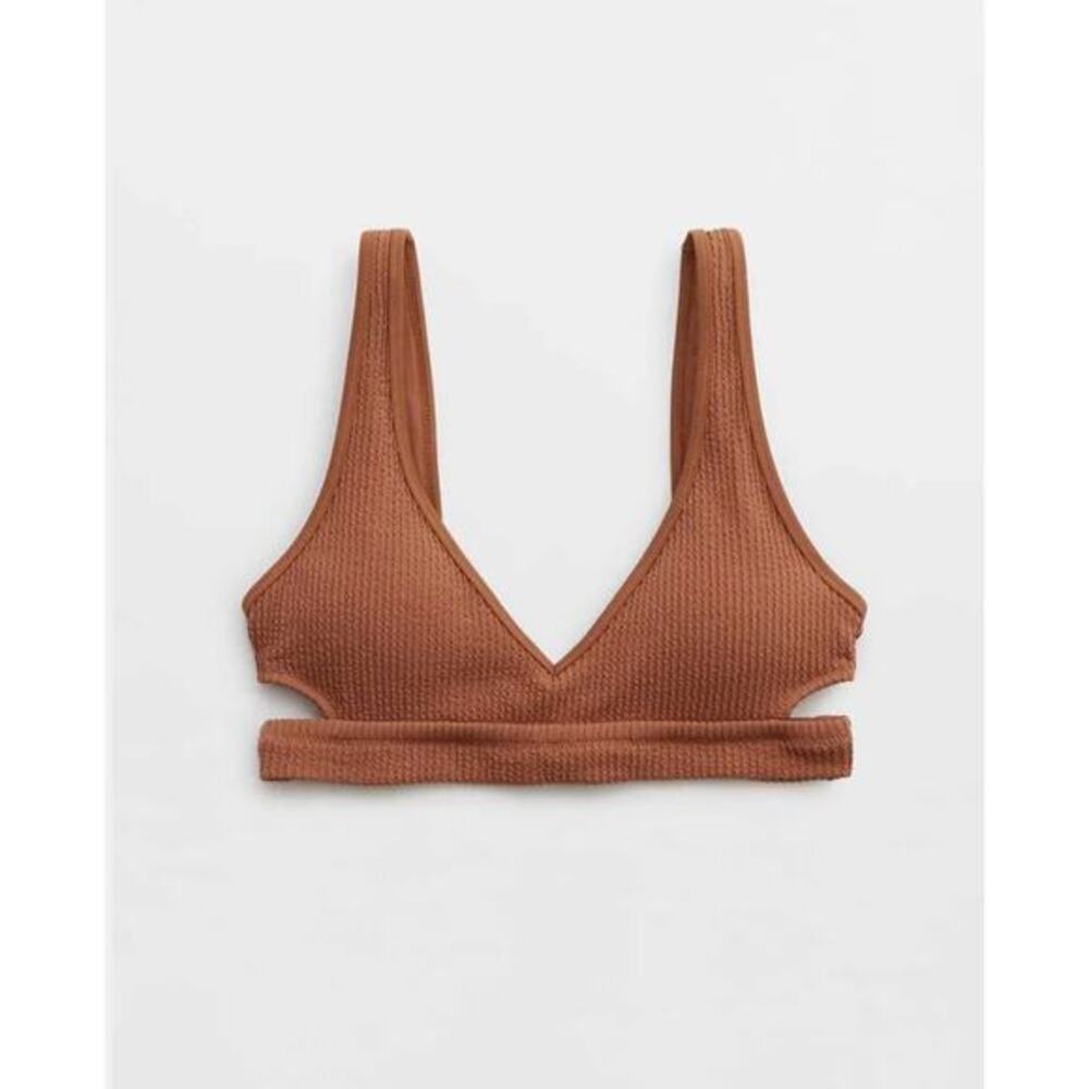 NWT Aerie Crinkle Voop Cut Out Bikini Top XL Brown Ribbed Swimwear